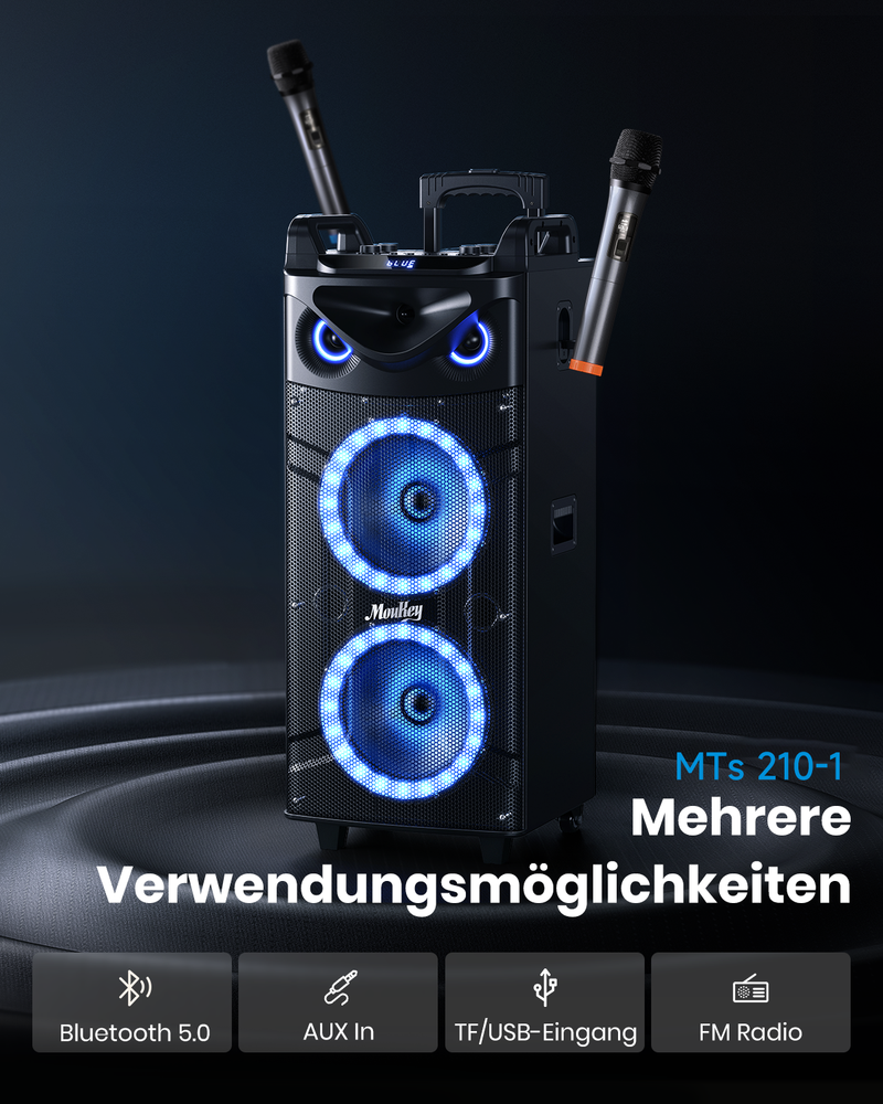 Moukey MTs210-1 Karaoke Bluetooth Lautsprecher Tragbares Doppelter Woofer PA Anlage mit 2 drahtlosen Mikrofonen