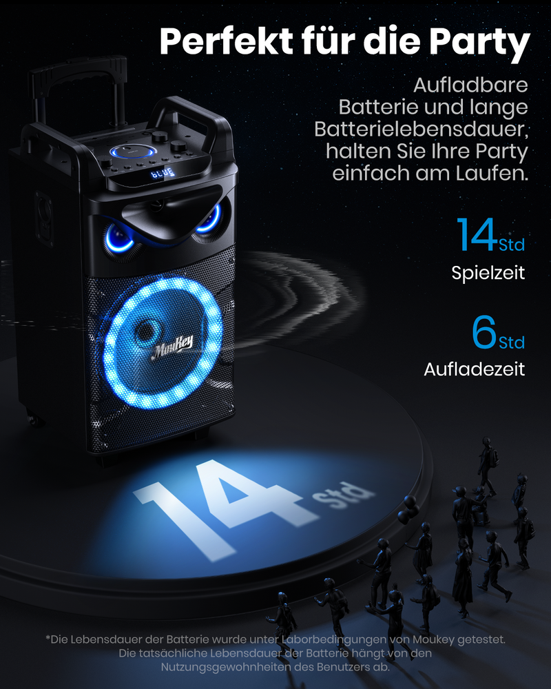 Moukey MTs10-2 Tragbares Bluetooth PA Anlage Lautsprecher Karaoke Maschine mit 2 drahtlosen UHF Mikrofonen